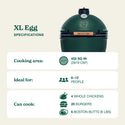 Big Green Egg grill with specifications on a beige background