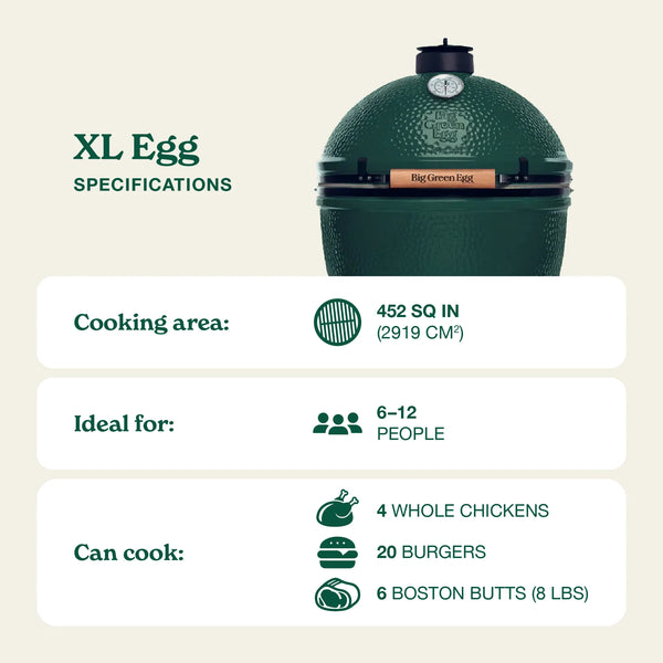 Big Green Egg grill with specifications on a beige background