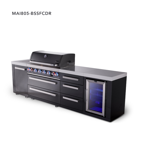 Mont Alpi 6-Burner Black Series Outdoor Kitchen Island With Extra Storage Cabinet And Corner Fridge Module