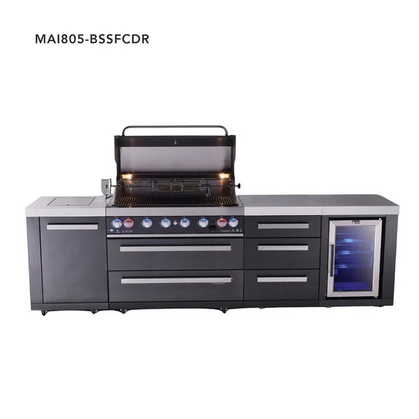 Mont Alpi 6-Burner Black Series Outdoor Kitchen Island With Extra Storage Cabinet And Corner Fridge Module