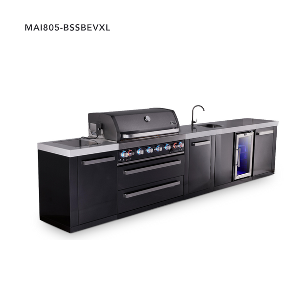 Mont Alpi 6-Burner Black Series Outdoor Kitchen Island With Beverage Center & XL Storage Cabinet