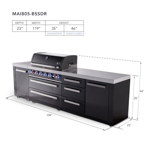 Mont Alpi 6-Burner Black Series Outdoor Kitchen Island With Extra Drawer Slides Cabinet