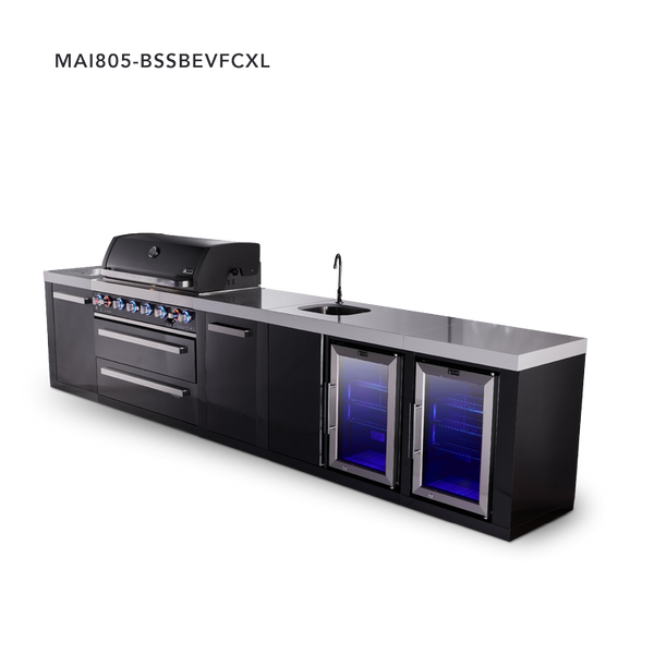 Mont Alpi 6-Burner Black Series Outdoor Kitchen Island With Beverage Center, Corner Fridge Module & Extra Storage Cabinet