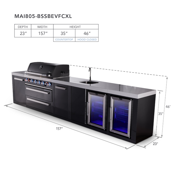 Mont Alpi 6-Burner Black Series Outdoor Kitchen Island With Beverage Center, Corner Fridge Module & Extra Storage Cabinet