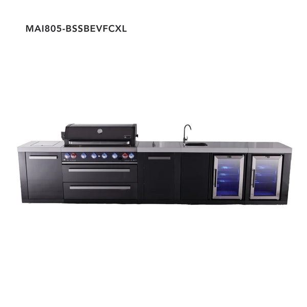 Mont Alpi 6-Burner Black Series Outdoor Kitchen Island With Beverage Center, Corner Fridge Module & Extra Storage Cabinet