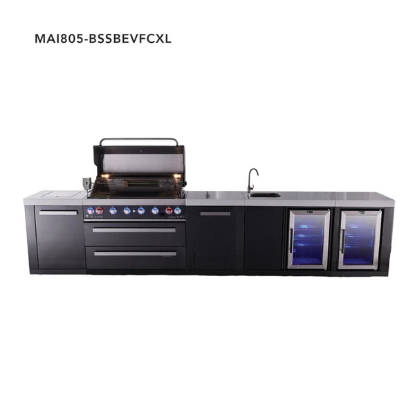 Mont Alpi 6-Burner Black Series Outdoor Kitchen Island With Beverage Center, Corner Fridge Module & Extra Storage Cabinet