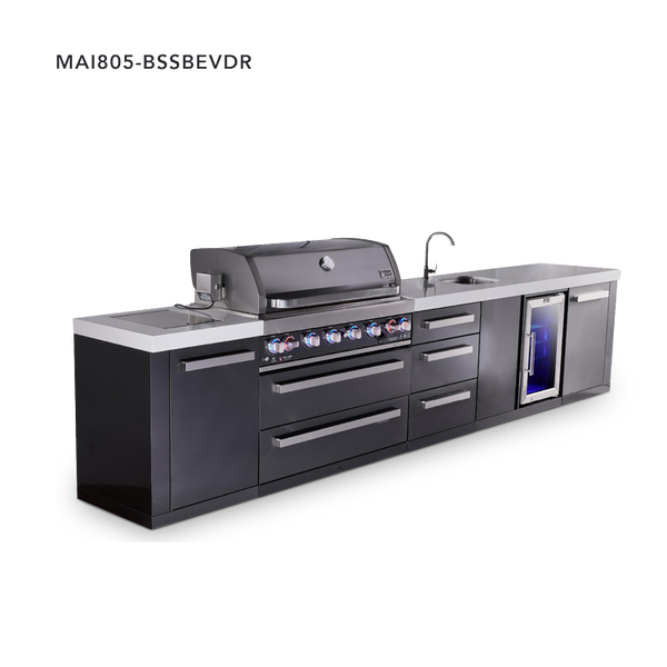 Mont Alpi 6-Burner Black Series Outdoor Kitchen Island With Beverage Center & Extra Drawer Slides Cabinet
