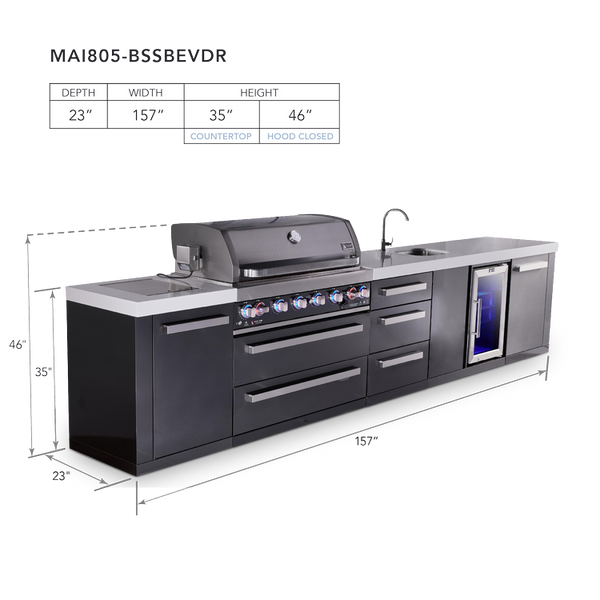 Mont Alpi 6-Burner Black Series Outdoor Kitchen Island With Beverage Center & Extra Drawer Slides Cabinet