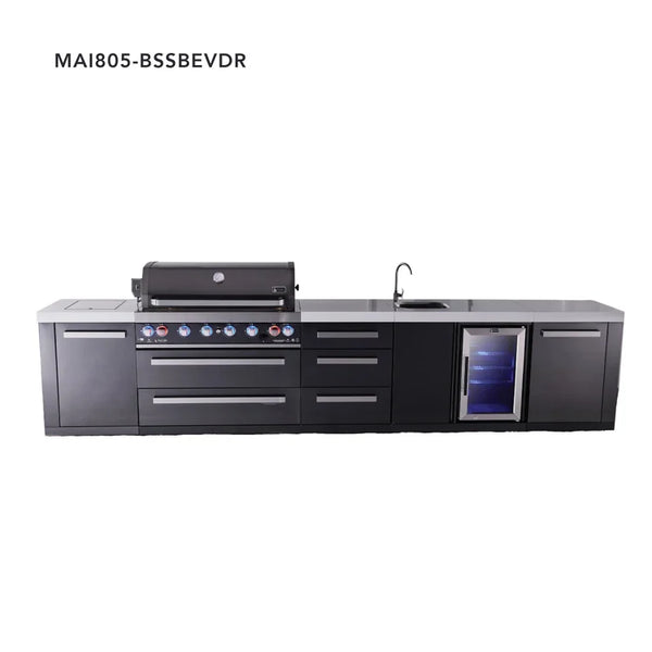 Mont Alpi 6-Burner Black Series Outdoor Kitchen Island With Beverage Center & Extra Drawer Slides Cabinet