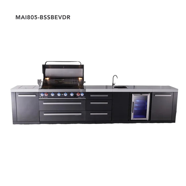 Mont Alpi 6-Burner Black Series Outdoor Kitchen Island With Beverage Center & Extra Drawer Slides Cabinet
