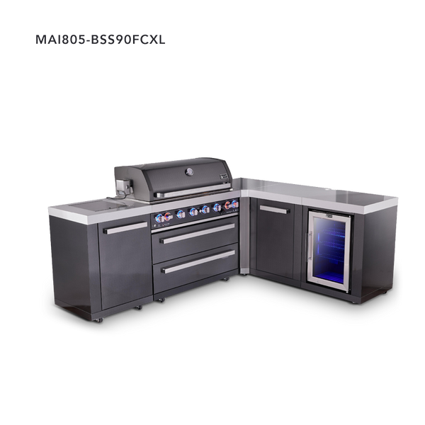 Mont Alpi 6-Burner L-Shaped Black Series Outdoor Kitchen Island With Extra Storage Cabinet And Corner Fridge Module