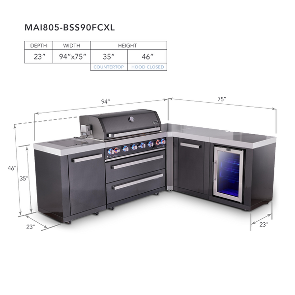 Mont Alpi 6-Burner L-Shaped Black Series Outdoor Kitchen Island With Extra Storage Cabinet And Corner Fridge Module