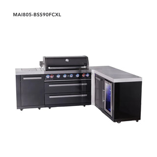 Mont Alpi 6-Burner L-Shaped Black Series Outdoor Kitchen Island With Extra Storage Cabinet And Corner Fridge Module
