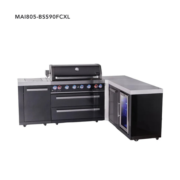 Mont Alpi 6-Burner L-Shaped Black Series Outdoor Kitchen Island With Extra Storage Cabinet And Corner Fridge Module