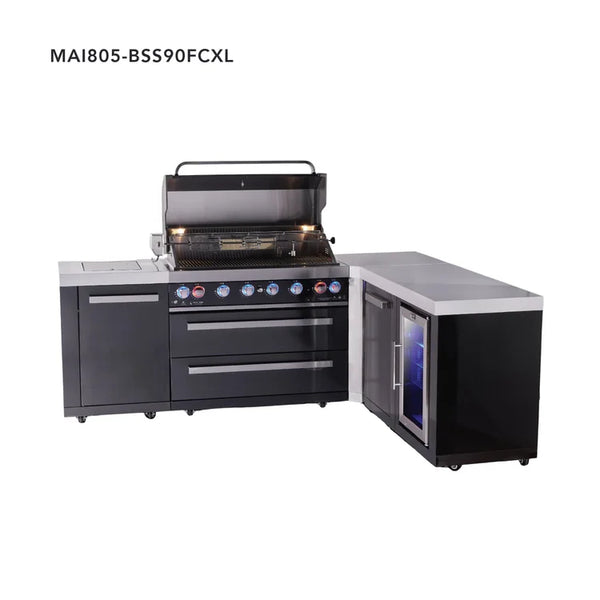 Mont Alpi 6-Burner L-Shaped Black Series Outdoor Kitchen Island With Extra Storage Cabinet And Corner Fridge Module