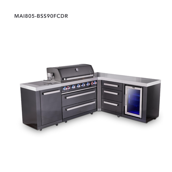 Mont Alpi 6-Burner L-Shaped Black Series Outdoor Kitchen Island With Corner Fridge & Extra Drawer Slides Cabinet