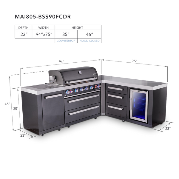 Mont Alpi 6-Burner L-Shaped Black Series Outdoor Kitchen Island With Corner Fridge & Extra Drawer Slides Cabinet