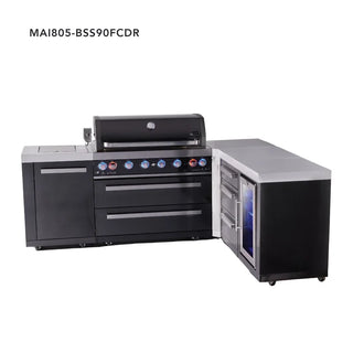 Mont Alpi 6-Burner L-Shaped Black Series Outdoor Kitchen Island With Corner Fridge & Extra Drawer Slides Cabinet