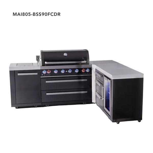 Mont Alpi 6-Burner L-Shaped Black Series Outdoor Kitchen Island With Corner Fridge & Extra Drawer Slides Cabinet