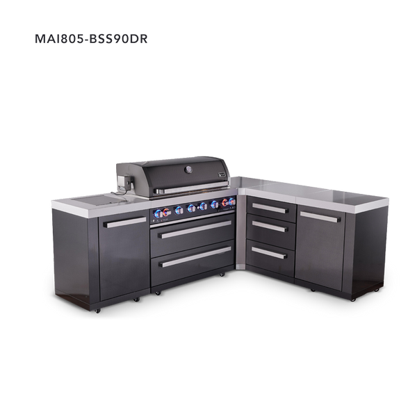 Mont Alpi 6-Burner L-Shaped Black Series Outdoor Kitchen Island With Corner Unit & Extra Drawer Slides Cabinet