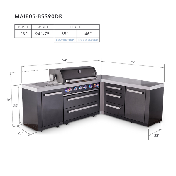 Mont Alpi 6-Burner L-Shaped Black Series Outdoor Kitchen Island With Corner Unit & Extra Drawer Slides Cabinet