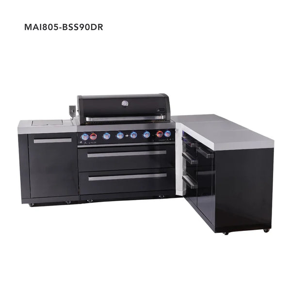 Mont Alpi 6-Burner L-Shaped Black Series Outdoor Kitchen Island With Corner Unit & Extra Drawer Slides Cabinet