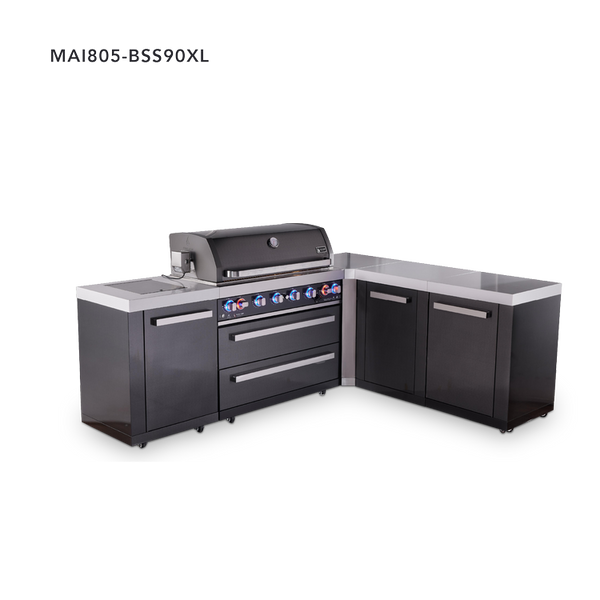 Mont Alpi 6-Burner L-Shaped Black Series Outdoor Kitchen Island With Extra Storage Cabinet
