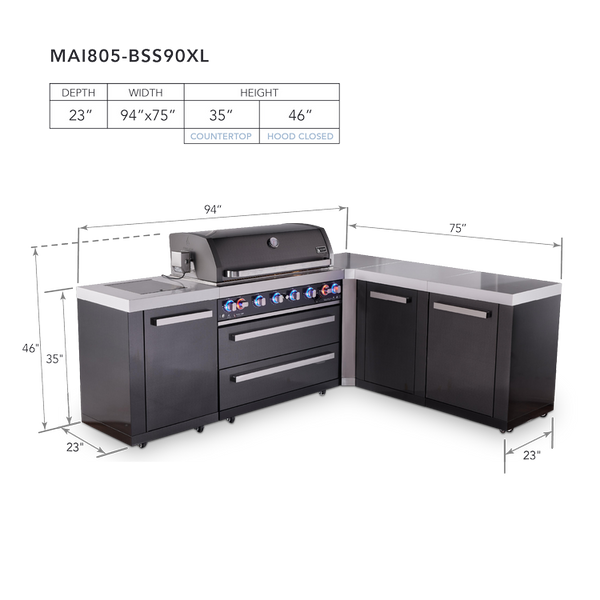 Mont Alpi 6-Burner L-Shaped Black Series Outdoor Kitchen Island With Extra Storage Cabinet