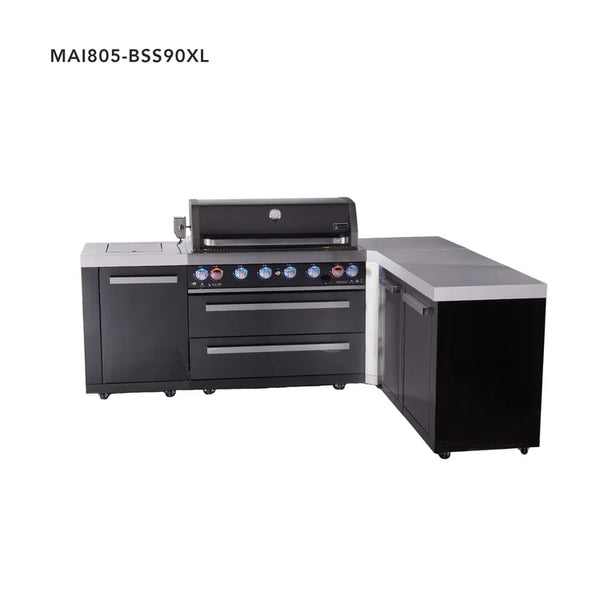Mont Alpi 6-Burner L-Shaped Black Series Outdoor Kitchen Island With Extra Storage Cabinet