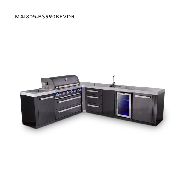 Mont Alpi 6-Burner L-Shaped Black Series Outdoor Kitchen Island With Beverage Center & Extra Drawer Slides Cabinet