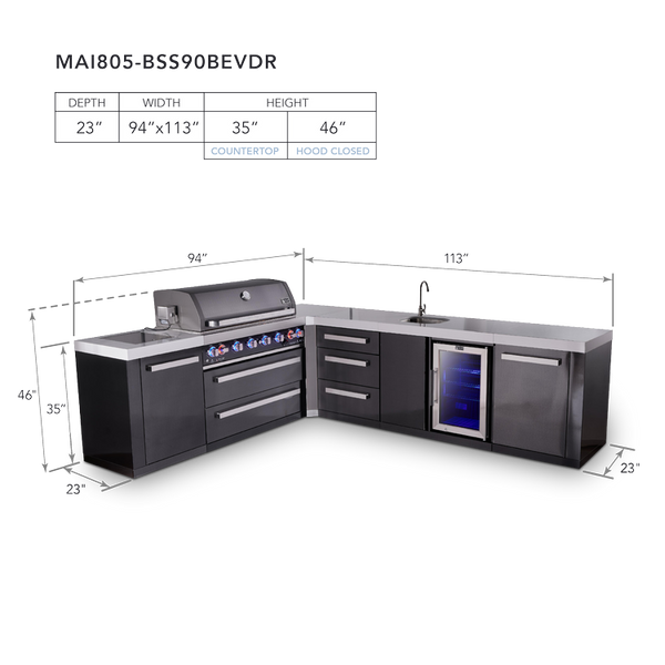 Mont Alpi 6-Burner L-Shaped Black Series Outdoor Kitchen Island With Beverage Center & Extra Drawer Slides Cabinet