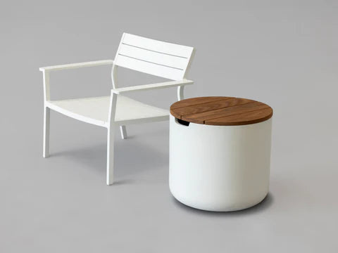 Lumacast  White chair and round ottoman with wooden tank cover on a gray background