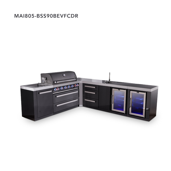 Mont Alpi 6-Burner L-Shaped Black Series Outdoor Kitchen Island With Beverage Center, Corner Fridge & Extra Drawer Slides Cabinet