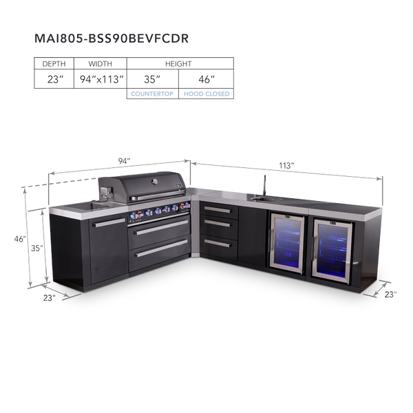 Mont Alpi 6-Burner L-Shaped Black Series Outdoor Kitchen Island With Beverage Center, Corner Fridge & Extra Drawer Slides Cabinet