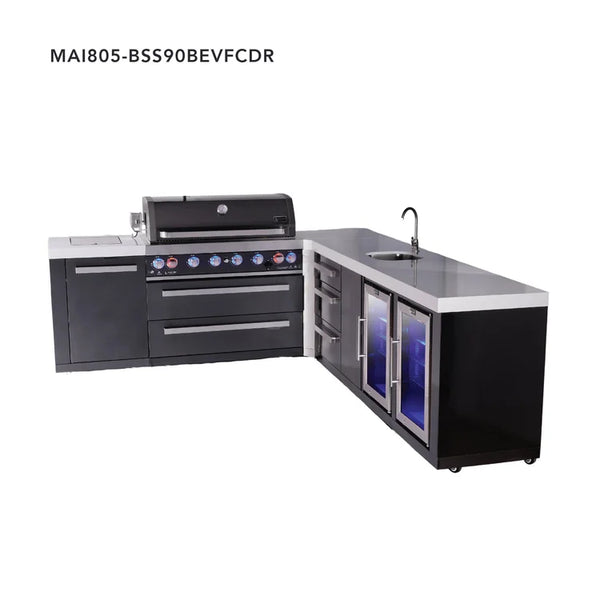 Mont Alpi 6-Burner L-Shaped Black Series Outdoor Kitchen Island With Beverage Center, Corner Fridge & Extra Drawer Slides Cabinet