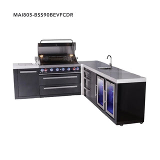 Mont Alpi 6-Burner L-Shaped Black Series Outdoor Kitchen Island With Beverage Center, Corner Fridge & Extra Drawer Slides Cabinet