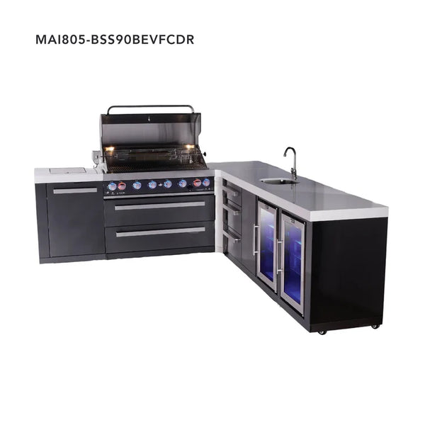 Mont Alpi 6-Burner L-Shaped Black Series Outdoor Kitchen Island With Beverage Center, Corner Fridge & Extra Drawer Slides Cabinet