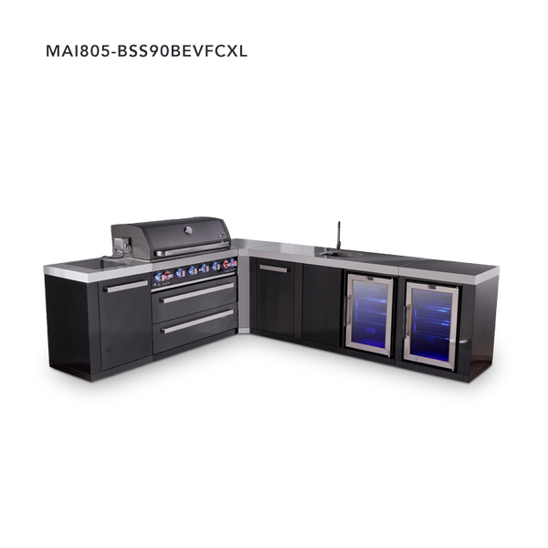 Mont Alpi 6-Burner L-Shaped Black Series Outdoor Kitchen Island With Beverage Center, Corner Fridge & XL Extra Storage Cabinet
