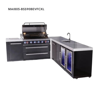 Mont Alpi 6-Burner L-Shaped Black Series Outdoor Kitchen Island With Beverage Center, Corner Fridge & XL Extra Storage Cabinet