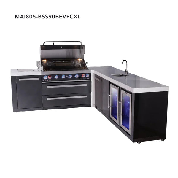 Mont Alpi 6-Burner L-Shaped Black Series Outdoor Kitchen Island With Beverage Center, Corner Fridge & XL Extra Storage Cabinet
