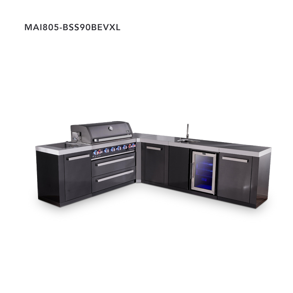 Mont Alpi 6-Burner L-Shaped Black Series Outdoor Kitchen Island With Beverage Center And Extra Storage Cabinet