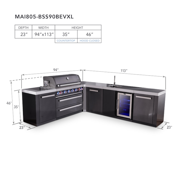 Mont Alpi 6-Burner L-Shaped Black Series Outdoor Kitchen Island With Beverage Center And Extra Storage Cabinet