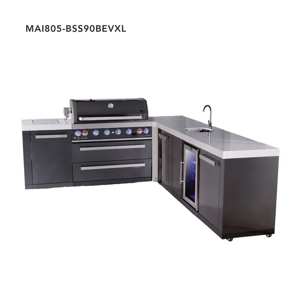 Mont Alpi 6-Burner L-Shaped Black Series Outdoor Kitchen Island With Beverage Center And Extra Storage Cabinet