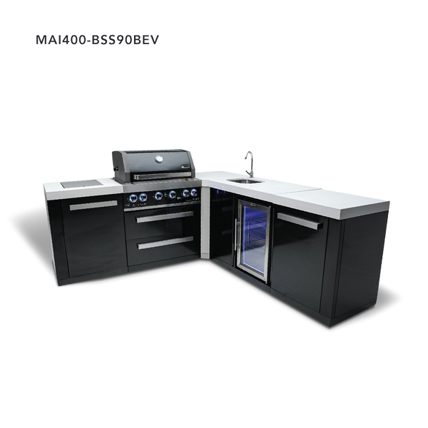 Mont Alpi 4-Burner Black Stainless Steel Island With 90-Degree Corner & Beverage Center