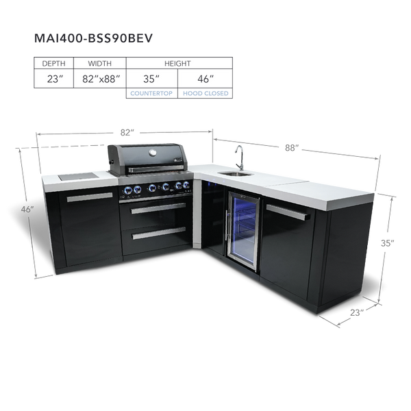 Mont Alpi 4-Burner Black Stainless Steel Island With 90-Degree Corner & Beverage Center