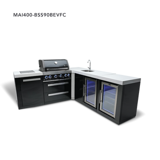 Mont Alpi 4-Burner Black Stainless Steel Island With 90-Degree Corner, Beverage Center And Fridge Cabinet
