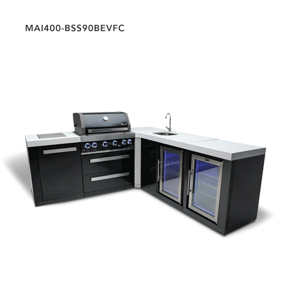 Mont Alpi 4-Burner Black Stainless Steel Island With 90-Degree Corner, Beverage Center And Fridge Cabinet