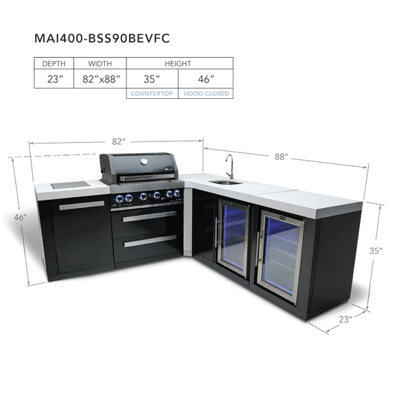 Mont Alpi 4-Burner Black Stainless Steel Island With 90-Degree Corner, Beverage Center And Fridge Cabinet