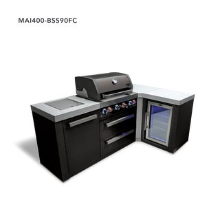 Mont Alpi 4-Burner Black Stainless Steel Island With 90-Degree Corner And Fridge Cabinet