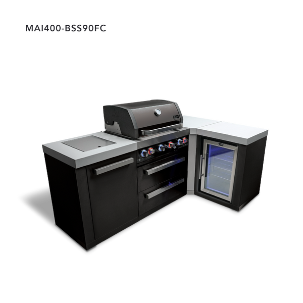 Mont Alpi 4-Burner Black Stainless Steel Island With 90-Degree Corner And Fridge Cabinet